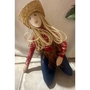 Handmade Elies Whimsi-Gals Cowgirl Rag Doll With Straw Hat & Braided Yarn Hair